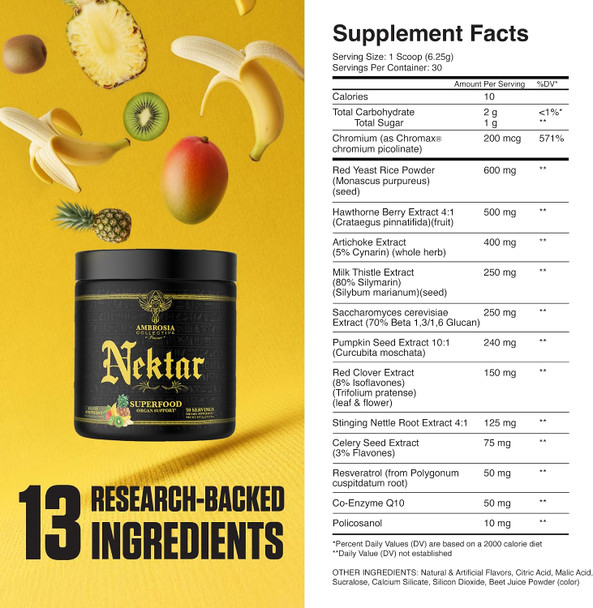 Ambrosia Superfood Organ & Cycle Support Powder | Liver & Kidney Support with Milk Thistle, Red Yeast Rice & CoQ10 | 13 Superfood Ingredients | 30 Servings