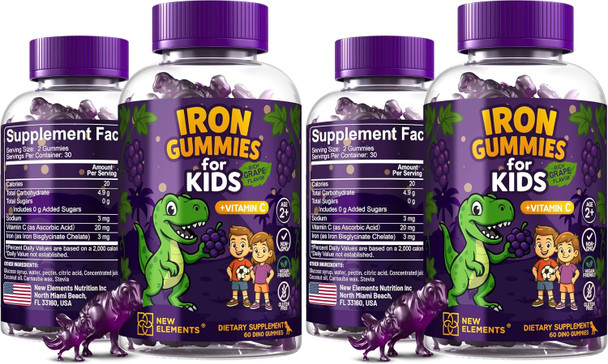 New Elements Iron Dinosaur Gummies for Kids with Vitamin C | Sugar-Free, Vegan, Gluten-Free & Non-GMO | Anemia Relief, Energy & Blood Health Support | Grape Flavor, Pectin-Based for Optimal Health