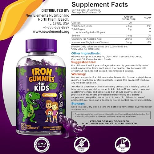 New Elements Iron Dinosaur Gummies for Kids with Vitamin C | Sugar-Free, Vegan, Gluten-Free & Non-GMO | Anemia Relief, Energy & Blood Health Support | Grape Flavor, Pectin-Based for Optimal Health
