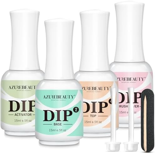 AZUREBEAUTY 4+4pc Dip Powder Liquid Set  Base Top Coat Activator Brush Saver Nail File Fast Drying Formula