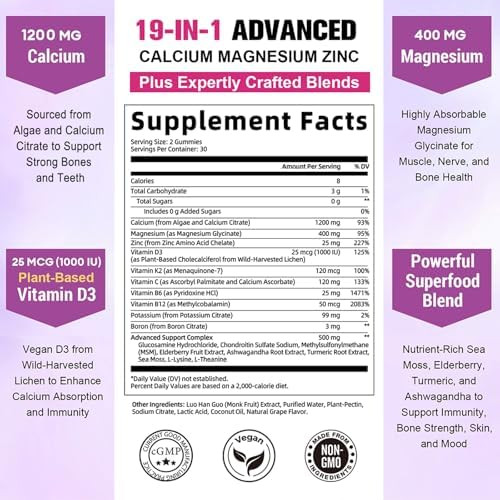 Totaria Sugar Free Calcium Magnesium Zinc Gummies for Women Men 19 in 1 Ultimate Absorption Calcium 1200 mg Supplements with Vitamin D3 K2 Boron, B12 Ashwagandha for Bone Teeth Calm Vegan