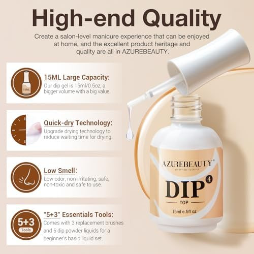 AzureBeauty 5 Pcs Dip Powder Liquid Set 15ml Large Capacity Dip Base Coat Top Coat Bond Activator Brush Saver