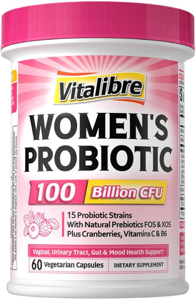Vitalibre Probiotics for Women 100 Billion CFU 15 Strains Daily Probiotic  Prebiotic Supplement with Organic Cranberry to Support Vaginal Digestive Immune Health Shelf Stable