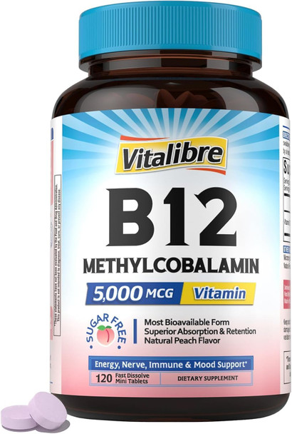 Vitalibre Vitamin B12 Sublingual 5000 mcg  Methylcobalamin Bioactive Form High Absorption Vegan Nerve Energy Immune Mood Support Natural Peach Flavor  Fast Dissolve Mini Tablets, No Sugar
