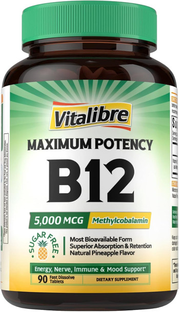 Vitalibre Vitamin B12 Sublingual 5000 mcg  Methylcobalamin Bioactive Form High Absorption Vegan Nerve Energy Immune Mood Support Natural Peach Flavor  Fast Dissolve Mini Tablets, No Sugar