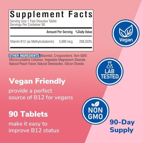 Vitalibre Vitamin B12 Sublingual 5000 mcg  Methylcobalamin Bioactive Form High Absorption Vegan Nerve Energy Immune Mood Support Natural Peach Flavor  Fast Dissolve Mini Tablets, No Sugar