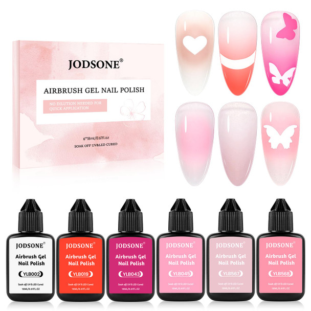 JODSONE 18ml 6 Colors Airbrush Gel Nail Polish Set with Pure White Nude Pink Deep Magenta No Dilution Fine Mist Nail for Gradient French Manicure DIY Design