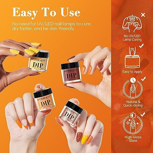 AZUREBEAUTY 4 Colors Fall Dip Powder Nail Kit Starter Yellow Brown 12 Pcs Acrylic Dip Powder Liquid Set