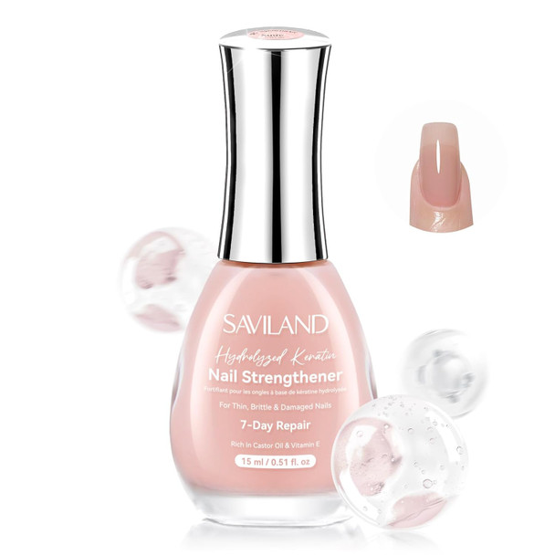 SAVILAND Nail Strengthener and Growth for Weak & Thin Nails, Sheer Pink | Natural Concealer Foundation Polish, Air Dry Nail Repair for Damaged Nails, Strengthening Polish for Fingernails & Toes 15ml