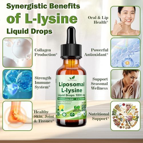 Vita PLynxera L-Lysine 1000mg Liquid Drops w. Monolaurin Olive Leaf Extract Vitamin C D3 & Zinc, 6-in-1 Essential Amino Acid Supplement for Immune Collagen Lip & Oral Health, Liposomal Lysine for Better Absorption