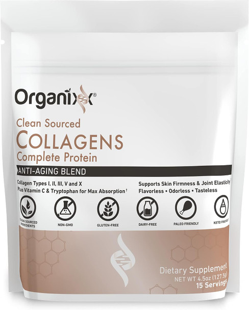 Organixx Clean Sourced Collagen Peptides  of hydrolyzed collagen (I, II, III, V, X) with Vitamin C supports hair nail skin bone and  joint health