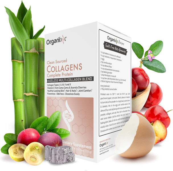 Organixx Clean Sourced Collagen Peptides  of hydrolyzed collagen (I, II, III, V, X) with Vitamin C supports hair nail skin bone and  joint health