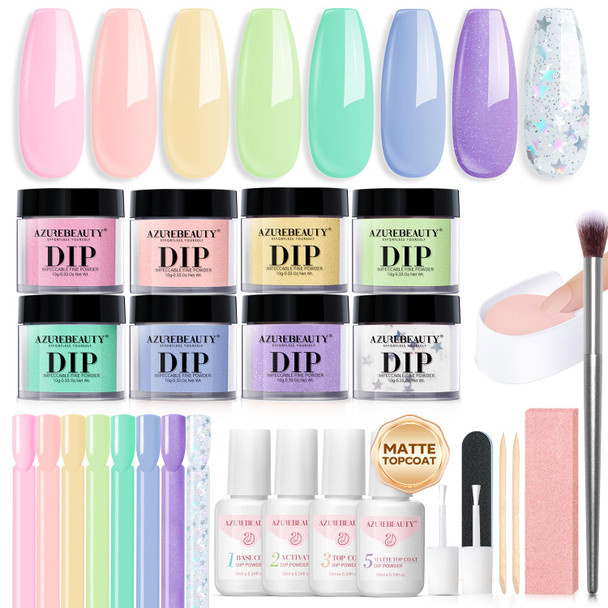 AZUREBEAUTY Dip Powder Nail Kit Starter Glitter Purple Nude Brown 8 Colors  30 Pcs with Nail Swatch Sticks Dipping Powder Liquid Set
