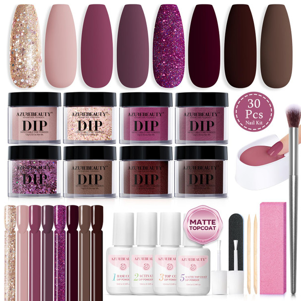 AZUREBEAUTY Dip Powder Nail Kit Starter Glitter Purple Nude Brown 8 Colors  30 Pcs with Nail Swatch Sticks Dipping Powder Liquid Set