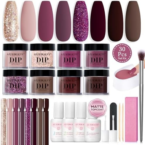 AZUREBEAUTY Dip Powder Nail Kit Starter Glitter Purple Nude Brown 8 Colors  30 Pcs with Nail Swatch Sticks Dipping Powder Liquid Set