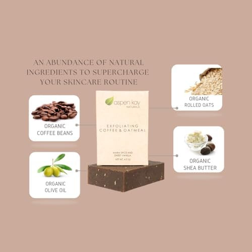 Aspen Kay Naturals Coffee & Oatmeal Exfoliating Soap, Natural & Organic Coffee Scrub. 4.5 oz | Handmade Cold Process Soap, with Organic Shea Butter & Pure Essential Oils. For Men & Women. For Soft, Smooth Feeling Skin