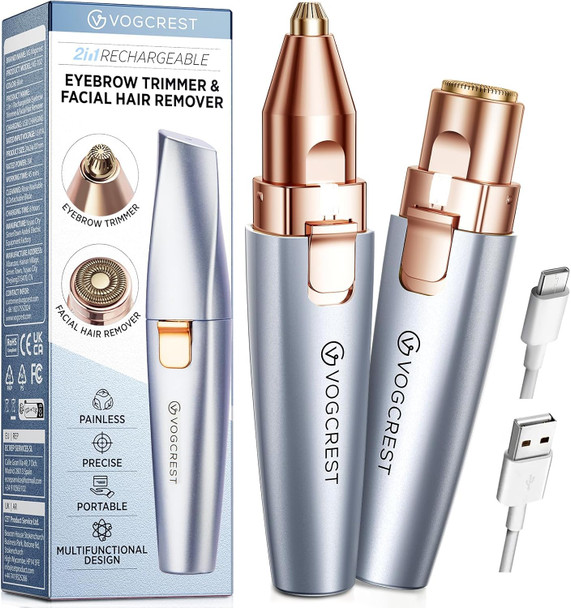VG VOGCREST Eyebrow & Facial Trimmer: 2 in1 Rechargeable Facial Hair Removal & Eyebrow Shaver   Body Razor with Built in LED Light