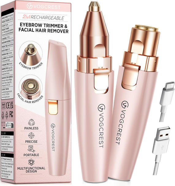 VG VOGCREST Eyebrow & Facial Trimmer: 2 in1 Rechargeable Facial Hair Removal & Eyebrow Shaver   Body Razor with Built in LED Light
