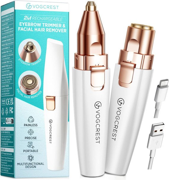 VG VOGCREST Eyebrow & Facial Trimmer: 2 in1 Rechargeable Facial Hair Removal & Eyebrow Shaver   Body Razor with Built in LED Light