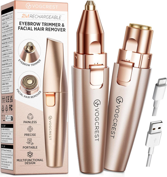 VG VOGCREST Eyebrow & Facial Trimmer: 2 in1 Rechargeable Facial Hair Removal & Eyebrow Shaver   Body Razor with Built in LED Light