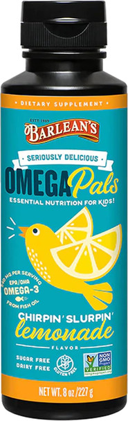 Barlean's Lemonade Omega Pals Kids Omega 3 Fish Oil Kid friendly flavor Non GMO Gluten free Liquid Brain & eye