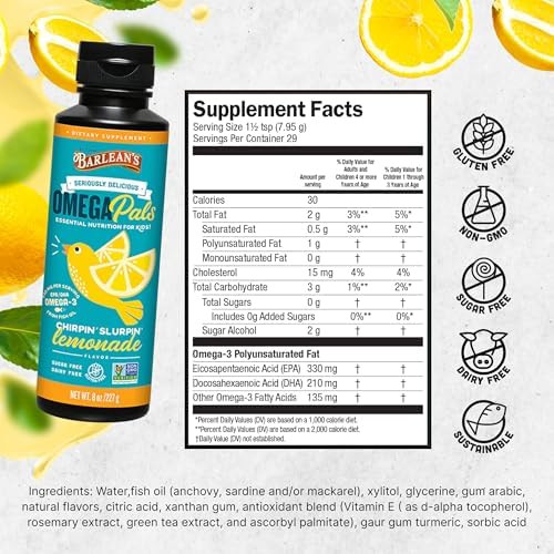 Barlean's Lemonade Omega Pals Kids Omega 3 Fish Oil Kid friendly flavor Non GMO Gluten free Liquid Brain & eye