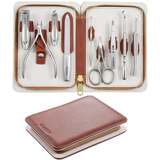 MR.GREEN 9-in-1 Manicure & Pedicure Set Professional German Stainless Steel Nail Clippers Grooming Kit with Splash-Proof Nail Clipper & Genuine Leather Travel Case