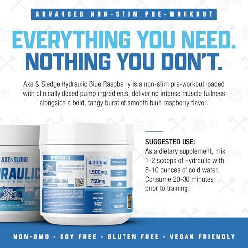 Axe & Sledge Hydraulic Stim-Free Pre-Workout Powder for Men & Women | Performance, Stamina, Focus, Pumps | L-Citrulline, Beta Alanine, Creatine, Caffeine-Free | 40 Servings