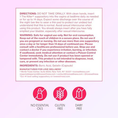Love Wellness  600mg Boric Acid Vaginal Suppositories  For internal use Fragrance free paraben free Individually wrapped for freshness Capsule shaped design Women’s wellness