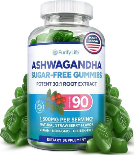Purify Life Sugar Free Ashwagandha Gummies for Stress Sleep and  Mood Support 90ct  High potency 30:1 ashwagandha supplement extract vegan adaptogen supplement for women and  men natural flavor made in USA