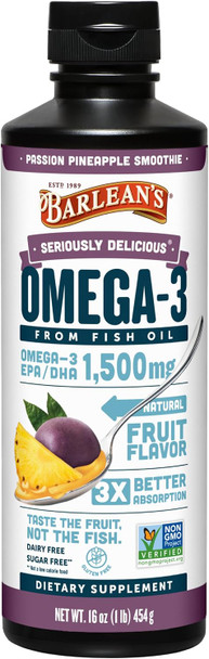 Barlean's Omega-3 Fish Oil Liquid, 1500mg EPA & DHA, 16oz | Wild-caught, EPA DHA omega-3, Burpless, Non-GMO, Gluten-free, For men & women, Supports heart, brain, eye & immune health
