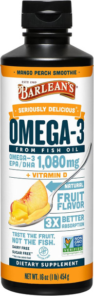 Barlean's Omega-3 Fish Oil Liquid, 1500mg EPA & DHA, 16oz | Wild-caught, EPA DHA omega-3, Burpless, Non-GMO, Gluten-free, For men & women, Supports heart, brain, eye & immune health