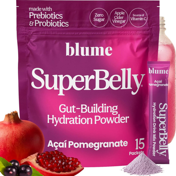 Blume SuperBelly Mango Passion Fruit Gut Health + Hydration 15 Sticks Sugar Free Daily Probiotics Prebiotic Fiber Vit C and Electrolytes Powder Packets
