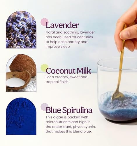 Blume Blue Lavender Superfood Latte Caffeine Free Organic Lavender Tea Powder and Chamomile to Aid Sleep Blue Spirulina Blue Butterfly Pea Flower Tea