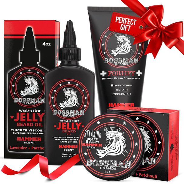 Bossman Essentials Beard Kit for Men, Set of 3 - Beard Oil Jelly, Fortifying Conditioner Cream, Beard Balm - Grooming Growth Care Accessories - Gift Set for Men