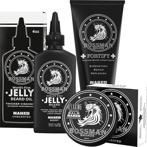 Bossman Essentials Beard Kit for Men, Set of 3 - Beard Oil Jelly, Fortifying Conditioner Cream, Beard Balm - Grooming Growth Care Accessories - Gift Set for Men