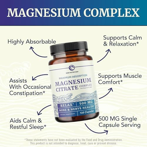 Magnesium Citrate Complex 500 MG Constipation Calm & Relaxation Support | High Absorption Magnesium Supplement Digestion Support Citrato de Magnesio, Non-GMO & Soy-Free, 120 Mag Citrate Capsules