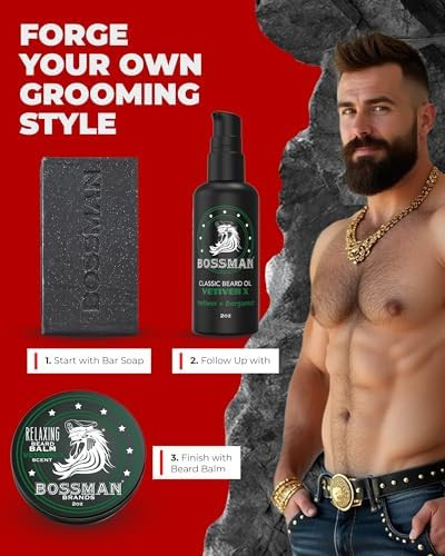 Bossman Starter Beard Kit for Men, Beard Oil (2 oz), Beard Balm & Bar Soap – Natural & Organic Grooming Kit – Made in the USA Men Gift Set