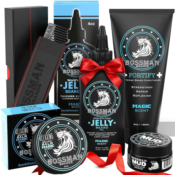 Bossman Complete Beard Kit for Men - Men's Beard Oil Jelly, Fortifying Shower Conditioner, Balm, Mustache Wax & Comb – Beard Softener & Grooming Care
