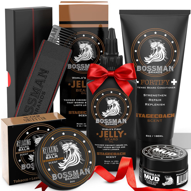 Bossman Complete Beard Kit for Men - Men's Beard Oil Jelly, Fortifying Shower Conditioner, Balm, Mustache Wax & Comb – Beard Softener & Grooming Care