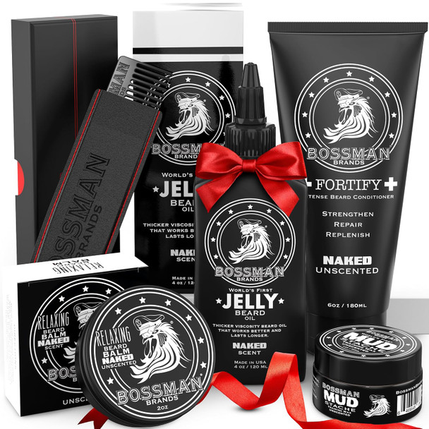 Bossman Complete Beard Kit for Men - Men's Beard Oil Jelly, Fortifying Shower Conditioner, Balm, Mustache Wax & Comb – Beard Softener & Grooming Care