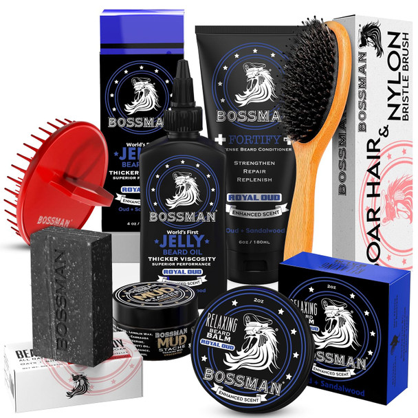 Bossman Big Boss Beard Care Kit for Men - Gifts for Dads, 7 Piece Beard Grooming Kit w/Jelly Beard Oil, Beard Conditioner, Beard Balm, MUDstache Wax, Bar Soap, Shower Brush, Oval Brush