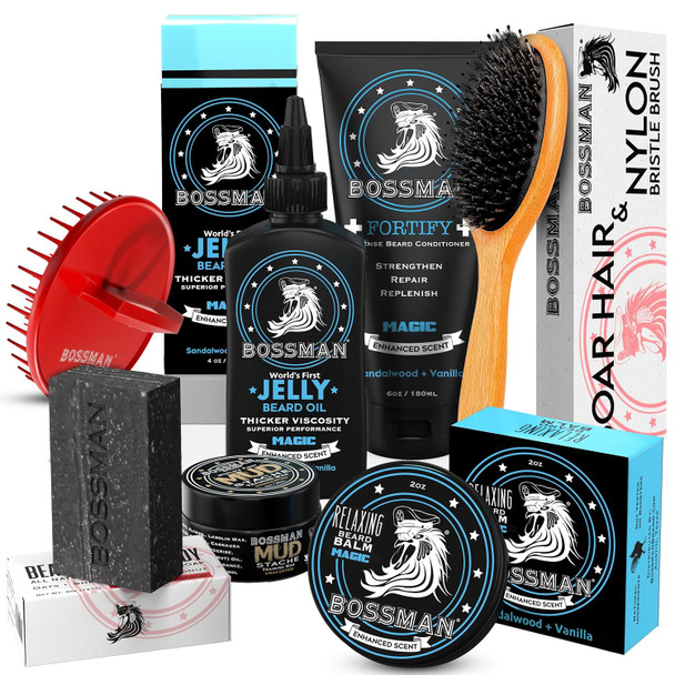 Bossman Big Boss Beard Care Kit for Men - Gifts for Dads, 7 Piece Beard Grooming Kit w/Jelly Beard Oil, Beard Conditioner, Beard Balm, MUDstache Wax, Bar Soap, Shower Brush, Oval Brush