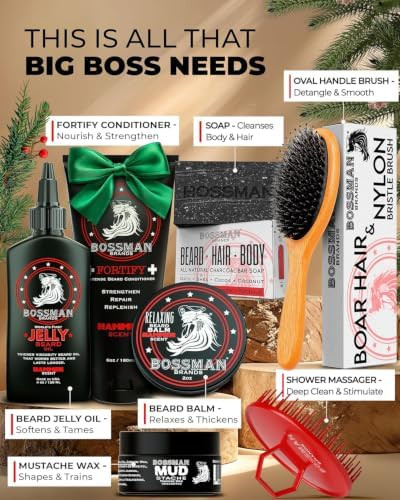 Bossman Big Boss Beard Care Kit for Men - Gifts for Dads, 7 Piece Beard Grooming Kit w/Jelly Beard Oil, Beard Conditioner, Beard Balm, MUDstache Wax, Bar Soap, Shower Brush, Oval Brush