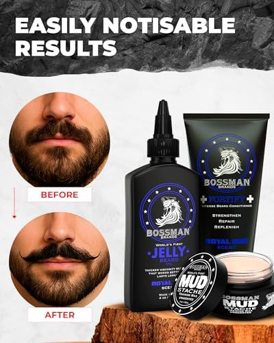 Bossman Big Boss Beard Care Kit for Men - Gifts for Dads, 7 Piece Beard Grooming Kit w/Jelly Beard Oil, Beard Conditioner, Beard Balm, MUDstache Wax, Bar Soap, Shower Brush, Oval Brush