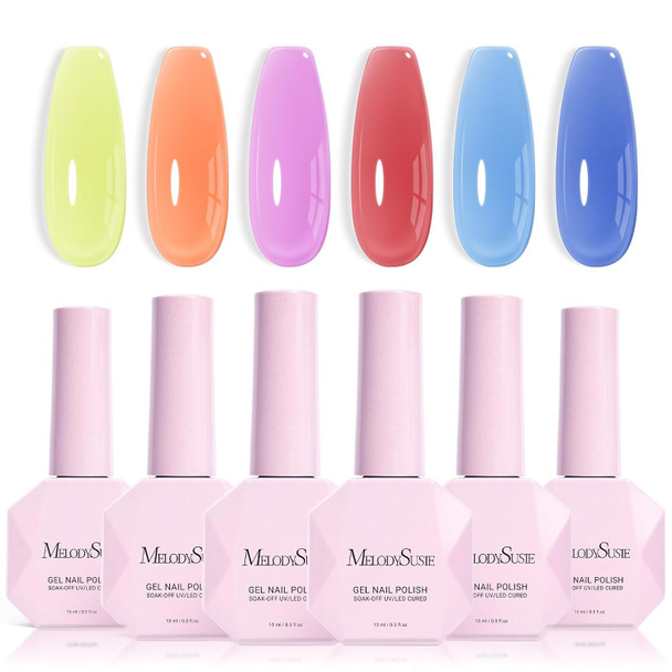 MelodySusie Jelly Gel Nail Polish Set,6 Transparent Colors,Milky or Jelly Texture,Classic Basic Colors Soak Off UV LED Light Cure or Salon Manicure and Nail Art DIY at Home