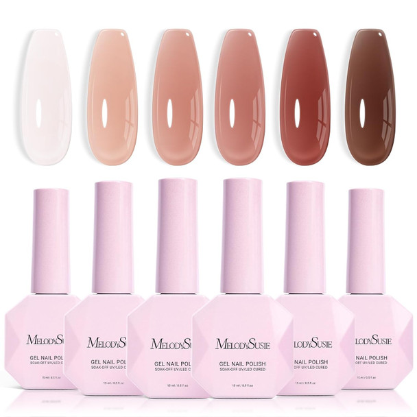 MelodySusie Jelly Gel Nail Polish Set,6 Transparent Colors,Milky or Jelly Texture,Classic Basic Colors Soak Off UV LED Light Cure or Salon Manicure and Nail Art DIY at Home