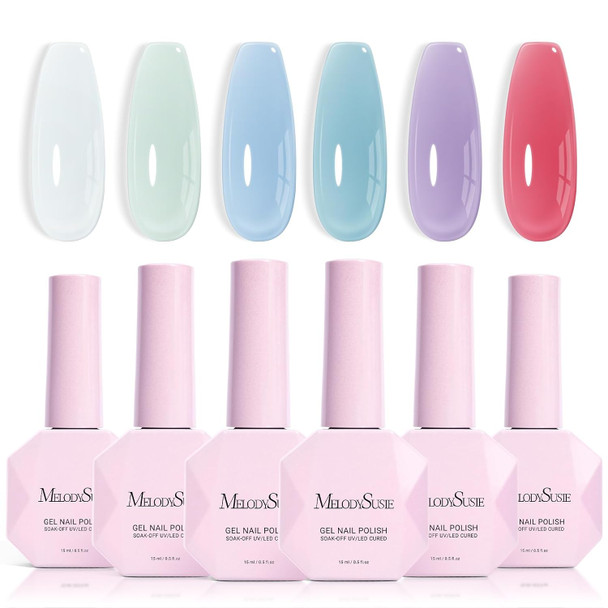 MelodySusie Jelly Gel Nail Polish Set,6 Transparent Colors,Milky or Jelly Texture,Classic Basic Colors Soak Off UV LED Light Cure or Salon Manicure and Nail Art DIY at Home