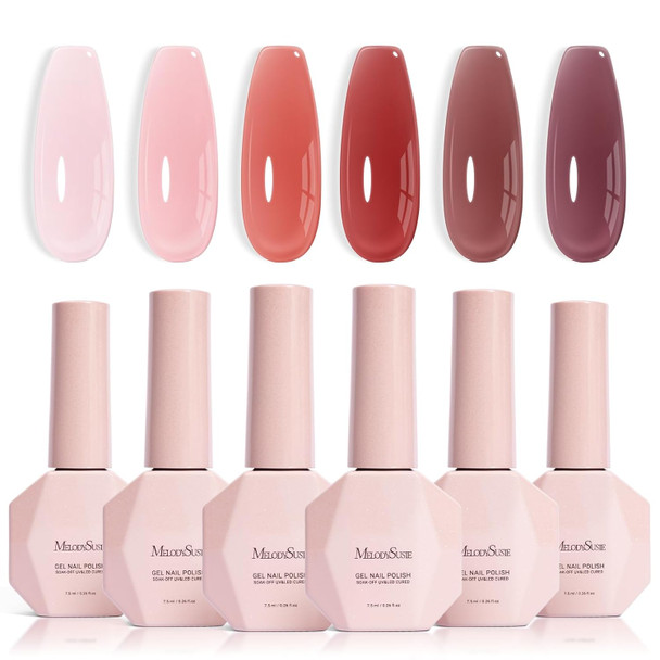 MelodySusie Jelly Gel Nail Polish Set,6 Transparent Colors,Milky or Jelly Texture,Classic Basic Colors Soak Off UV LED Light Cure or Salon Manicure and Nail Art DIY at Home
