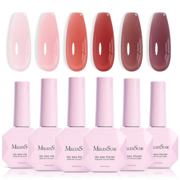 MelodySusie Jelly Gel Nail Polish Set,6 Transparent Colors,Milky or Jelly Texture,Classic Basic Colors Soak Off UV LED Light Cure or Salon Manicure and Nail Art DIY at Home
